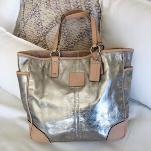 Coach Metallic Silver Story Patch Tote Bag